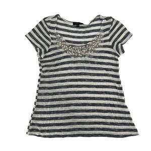 Colette Black White Striped Faux Pearl Short Sleeve Top Size Small Women’s